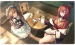  2girls ange_katrina animal_ears bangs black_gloves blue_eyes book book_stack brown_hair closed_eyes crossed_bangs cup deer_ears eli_conifer from_above gloves headdress highres indoors long_hair looking_at_another low_twintails multiple_girls nijisanji open_book redhead short_hair sitting smile table teacup teapot twintails virtual_youtuber yu_ni_t 