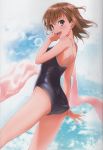  1girl absurdres adjusting_clothes adjusting_swimsuit ass bare_shoulders blue_sky blue_swimsuit blush breasts brown_eyes brown_hair clouds competition_school_swimsuit day eyebrows_visible_through_hair from_behind hair_ornament highres huge_filesize looking_at_viewer looking_back misaka_mikoto one-piece_swimsuit open_mouth outdoors puma_(hyuma1219) scan school_swimsuit shiny shiny_skin short_hair sky smile solo spiky_hair standing swimsuit teeth to_aru_majutsu_no_index towel 