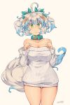  1girl animal_ear_fluff animal_ears bangs bare_shoulders blue_hair bow breasts collar cowboy_shot green_eyes hair_bow kuromiya large_breasts multicolored_hair off-shoulder_sweater off_shoulder original shiromiya_asuka short_hair smile sweater tail two-tone_hair white_background white_hair 