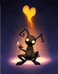  2012 commentary dark english_commentary flower heart heartless holding holding_flower kingdom_hearts light looking_at_viewer no_humans sitting solo yellow_eyes 