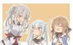  3girls :d alternate_hairstyle bangs belt black_bow black_gloves black_sailor_collar black_skirt blue_eyes blue_shawl blush bow breasts brown_eyes brown_hair closed_eyes closed_mouth coat collarbone collared_shirt commentary_request eye_contact eyebrows_visible_through_hair fang fingerless_gloves gangut_(kantai_collection) gloves hair_between_eyes hair_bow hair_ornament hair_tie hairclip hands_on_hips hands_together heart hibiki_(kantai_collection) jacket kantai_collection kyabetsu_myonmyon long_hair long_sleeves looking_at_another military military_uniform multiple_girls no_hat no_headwear open_mouth pleated_skirt red_shirt ribbon ribbon_trim sailor_collar school_uniform serafuku shirt silver_hair skirt smile tashkent_(kantai_collection) twintails uniform upper_body verniy_(kantai_collection) white_coat white_jacket 