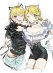  1boy 1girl :t animal_ears belt blonde_hair cat_ears choker closed_mouth eyebrows_visible_through_hair fake_animal_ears ivy_cat&#039;s-eye_(module) kagamine_len kagamine_rin looking_at_viewer naoko_(naonocoto) ok_sign one_eye_closed open_mouth project_diva_(series) revision round_teeth ruffled_sleeves simple_background standing teeth thighs upper_teeth v vocaloid white_background 