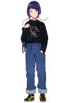  1girl alternate_costume bag bangs black_footwear black_shirt boku_no_hero_academia casual closed_mouth clothes_writing commentary_request denim diagonal_bangs earplugs english_text eyebrows_visible_through_hair full_body hand_in_pocket highres holding holding_bag jeans jirou_kyouka kobaji long_sleeves pants pants_rolled_up purple_hair shirt shirt_tucked_in simple_background smile solo two-tone_footwear violet_eyes white_background yellow_footwear 