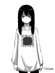  1girl casual cowboy_shot expressionless greyscale highres izumi_(toubun_kata) long_hair mieruko-chan monochrome shirt simple_background solo standing t-shirt twitter_username white_background yotsuya_miko 