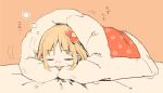  1girl bangs bed_sheet blonde_hair blush carbonara_hontyotyo closed_eyes cold ear_blush eyebrows eyebrows_visible_through_hair facing_viewer from_side futon hair_ornament hair_ribbon indoors limited_palette lying motion_lines muted_color no_nose nose_blush on_stomach onomatopoeia open_mouth orange_background red_ribbon ribbon rumia short_hair sidelocks sleeping solo star star_print touhou under_covers 