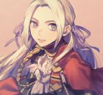  1girl aiguillette bangs capelet edelgard_von_hresvelg fire_emblem fire_emblem:_three_houses forehead garreg_mach_monastery_uniform ginga_two hair_ribbon lips long_hair looking_at_viewer neckerchief parted_bangs pink_background ribbon silver_hair simple_background smile solo upper_body violet_eyes 