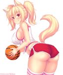  1girl animal_ear_fluff animal_ears artist_name ass ball bangs bare_shoulders basketball blonde_hair blush breasts cat_ears commentary eyebrows_visible_through_hair fast-runner-2024 highres holding holding_ball large_breasts long_hair looking_at_viewer original red_eyes red_shorts shirt short_shorts shorts sleeveless sleeveless_shirt slit_pupils smile solo striped striped_legwear tail thigh-highs tiffy_(fast-runner-2024) watermark web_address white_shirt 