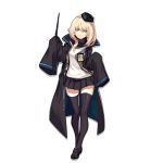  1girl arknights bangs black_coat black_footwear black_headwear black_legwear black_skirt blonde_hair blue_eyes breasts durin_(arknights) expressionless full_body hair_between_eyes hat holding holding_wand long_hair looking_at_viewer mary_janes medium_breasts mini_hat miniskirt name_tag official_art pleated_skirt popped_collar scarf shirt shoes sidelocks skade skirt sleeves_past_fingers sleeves_past_wrists solo standing tachi-e thigh-highs transparent_background wand white_shirt zettai_ryouiki 