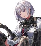  1girl :d bangs black_gloves breasts girls_frontline gloves gun hand_up head_tilt jacket large_breasts looking_at_viewer open_mouth rpk-16_(girls_frontline) short_hair sidelocks silence_girl silver_hair simple_background sitting smile solo violet_eyes weapon white_background 