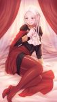  1girl absurdres arm_support awan0918 bed blanket blush cravat curtains cute edelgard_von_hresvelg fire_emblem fire_emblem:_three_houses fire_emblem:_three_houses fire_emblem_16 garreg_mach_monastery_uniform gloves hair_ribbon highres intelligent_systems lips long_hair looking_to_the_side lying nintendo on_side pantyhose parted_lips pillow purple_ribbon red_legwear ribbon smile solo violet_eyes white_gloves 