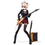  1girl alternate_costume amplifier animal animal_on_head aviator_sunglasses bangs black_footwear black_gloves black_jacket blonde_hair boots breasts brown_legwear brown_shirt cable chilunchilun clothes_writing collarbone demon_horns earrings electric_guitar full_body garter_straps girls_frontline gloves guitar gun holding holding_instrument horns instrument jacket jewelry leather leather_jacket looking_away m1897_(girls_frontline) multiple_earrings official_art on_head open_clothes open_jacket plaid plaid_skirt platform_boots punk red_skirt rocker-chic shirt short_hair shotgun shoulder_spikes sidelocks skirt small_breasts solo spikes stud_earrings studded_choker studded_footwear studded_gloves studded_jacket studded_strap sunglasses thigh-highs thigh_strap transparent_background weapon winchester_model_1897 