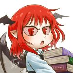  1girl bat_wings book book_stack carrying chamaji close-up collared_shirt commentary eyebrows_visible_through_hair head_wings koakuma long_sleeves looking_at_viewer lowres open_mouth pointy_ears red_eyes red_sclera redhead shirt signature simple_background slit_pupils solo touhou unbuttoned unbuttoned_shirt upper_body vest white_background wing_collar wings 