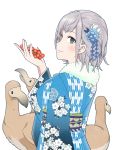  alternate_costume berry bird blush breasts closed_mouth floral_print flower from_behind green_eyes grey_hair hair_flower hair_ornament hand_up highres hololive japanese_clothes shirogane_noel tonogai_yoshiki upper_body virtual_youtuber white_background 
