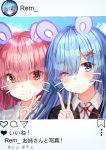  2girls absurdres animal_ears bangs black_jacket blue_eyes blush character_name commentary_request eyebrows_visible_through_hair face_filter fake_animal_ears hair_ornament hair_over_one_eye hair_ribbon highres instagram jacket looking_at_viewer multiple_girls pink_hair ram_(re:zero) re:zero_kara_hajimeru_isekai_seikatsu red_eyes red_ribbon refile rem_(re:zero) ribbon self_shot shirt short_hair siblings sisters smile twins v white_shirt x_hair_ornament 