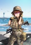  1girl assault_rifle blurry blurry_background brown_hair camouflage commentary day gloves gun hat korea kws lighthouse load_bearing_vest military military_uniform ocean original outdoors rifle solo uniform violet_eyes weapon weapon_request 