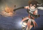  1girl asymmetrical_legwear black_gloves black_hair black_skirt blurry brown_eyes commentary_request cowboy_shot depth_of_field double-breasted elbow_gloves explosion fingerless_gloves gloves grin holding holding_torpedo kantai_collection neckerchief night night_battle_idiot night_sky outdoors remodel_(kantai_collection) scarf school_uniform sendai_(kantai_collection) serafuku shohei_(piranha5hk) short_hair single_thighhigh skirt sky smile solo star_(sky) starry_sky thigh-highs torpedo two_side_up water white_scarf 