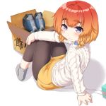  1girl :3 aran_sweater bangs black_legwear blush box cardboard_box dd_(ijigendd) etorofu_(kantai_collection) eyebrows_visible_through_hair full_body gradient_hair highres kantai_collection long_sleeves multicolored_hair no_shoes orange_hair redhead short_hair simple_background sitting skirt smile socks solo sweater thick_eyebrows violet_eyes white_background white_sweater yellow_skirt 