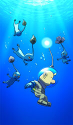 1boy air_bubble backpack bag big_nose black_eyes blonde_hair blue_bag blue_gloves blue_pikmin blue_skin blue_theme bubble bud buttons closed_eyes colored_skin commentary_request dappled_sunlight falling flower from_side full_body gloves helmet leaf louie_(pikmin) naru_(wish_field) nintendo pikmin_(creature) pikmin_(series) pointy_ears radio_antenna short_hair space_helmet spacesuit sunlight swimming triangle_mouth underwater very_short_hair white_flower