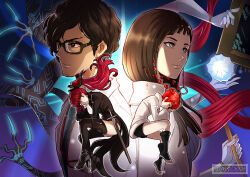  1boy 1girl 2021 atlus blue_shirt brown_hair glasses gzei hair_between_eyes ichinose_kuon lab_coat long_hair maruki_takuto mature_female persona persona_5 persona_5_scramble:_the_phantom_strikers persona_5_the_royal scientist shirt sophia_(p5s) violet_(persona_5) yoshizawa_kasumi 