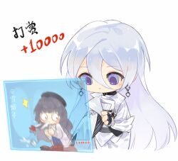  1boy 1girl belt beret black_belt black_gloves black_hat black_shirt blue_vest braid cael_anselm cael_anselm_(deimortem_era) cape cardigan chain chain_earrings chibi chibi_only chinese_commentary cropped_legs cup fingerless_gloves gloves hair_between_eyes hat heroine_(lovebrush_chronicles) highres holographic_monitor jacket light_blush livestream long_bangs long_hair long_hair_between_eyes long_sleeves lovebrush_chronicles o_o parted_lips pinstripe_pattern pinstripe_vest red_skirt shirt side_braid side_cape simple_background skirt spit_take spitting standing turtleneck turtleneck_shirt very_long_hair vest violet_eyes white_background white_cape white_cardigan white_hair white_jacket white_shirt xue_ezi 