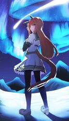  1girl alumina_(kennmeidesu) animal_ears asymmetrical_footwear aurora black_gloves black_pantyhose blue_eyes blunt_bangs blush bow closed_mouth ear_bow ear_covers full_body gloves green_eyes green_sailor_collar hair_ornament hairband highres hime_cut horse_ears horse_girl horse_tail long_hair long_sleeves looking_at_viewer looking_back mismatched_footwear mountain night night_sky orange_hair orange_tail outdoors pantyhose pleated_skirt sailor_collar shirt shoes shooting_star silence_suzuka_(innocent_silence)_(umamusume) silence_suzuka_(umamusume) skirt sky smile snow solo star_(sky) tail umamusume white_hairband white_shirt white_skirt 