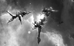  cloud_background clouds commentary debris english_commentary eve_online fleet floating floating_object flying greyscale lens_flare monochrome nebula no_humans original outdoors realistic scenery science_fiction space space_station spacecraft star_(sky) thrusters vankaiser wreckage zero_gravity 