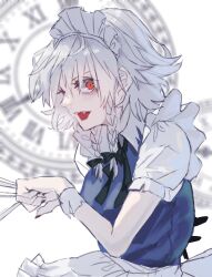 1girl apron between_fingers black_bow blue_vest bow braid clock_face commentary_request fang fingernails from_side grey_hair hair_bow hand_up highres holding holding_knife izayoi_sakuya knife long_fingernails looking_at_viewer maid_headdress medium_hair nanasuou open_mouth red_eyes red_nails shirt short_sleeves solo torn_clothes torn_sleeves touhou twin_braids upper_body vest waist_apron white_background white_shirt wide-eyed wrist_cuffs 