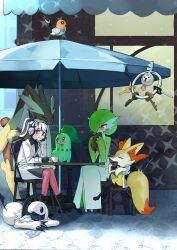  4girls :3 ^_^ absol absurdres animal_ear_fluff animal_ears animal_feet animal_nose bird black_boots black_eyes black_fur black_gloves black_hair black_shirt black_skirt blank_eyes blunt_bangs blush blush_stickers bob_cut body_fur boots braixen brown_fur cafe chair chikorita chinese_commentary claws closed_eyes coat colored_skin commentary_request cookie croissant cup day eating fang fingerless_gloves fletchling floating food fox_ears fox_girl fox_tail from_side full_body furry furry_female gardevoir gloves green_hair green_skin hair_over_one_eye hand_on_own_cheek hand_on_own_face hands_up happy harmony_(pokemon) head_rest headphones highres holding holding_cookie holding_cup holding_food hollow_eyes key klefki knees_together_feet_apart lace-up_boots leaning_forward light_blush long_sleeves looking_at_another looking_at_viewer lopunny lying medium_hair mokey_mokey_(artist) multicolored_fur multicolored_hair multicolored_skin multiple_girls neck_fur no_feet on_chair on_stomach on_table one_eye_covered open_mouth outdoors pantyhose patio_umbrella pink_pantyhose poke_ball_symbol pokemon pokemon_(creature) ponytail rabbit_ears rabbit_girl rabbit_tail shirt short_hair short_tail sitting skirt sleeping smile snout streaked_hair table tail teacup trench_coat two-tone_fur two-tone_hair two-tone_skin white_coat white_fur white_hair white_skin yellow_fur 