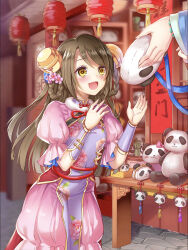  2girls :3 :d animal_bag arm_garter baizu_(guszx) bell blush braid breasts brown_hair china_dress chinese_clothes dress feet_out_of_frame flower hair_bell hair_flower hair_ornament hands_up highres indoors lantern long_hair medium_breasts multiple_girls official_art open_hands open_mouth panda panda_bag paper_lantern pink_dress pink_flower pov pov_hands puffy_short_sleeves puffy_sleeves shao_fu_(shironeko_project) shironeko_project shop short_sleeves smile standing stuffed_animal stuffed_panda stuffed_toy tareme third-party_source very_long_hair yellow_eyes 