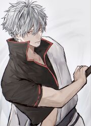  1boy absurdres arm_up black_shirt closed_mouth collared_shirt cowboy_shot double-parted_bangs dutch_angle gintama hadanugi_dousa hair_between_eyes hand_on_weapon highres j3z0_u looking_to_the_side male_focus open_collar popped_collar red_eyes red_trim sakata_gintoki shirt short_hair sideways_glance solo sword weapon white_background white_hair wooden_sword 