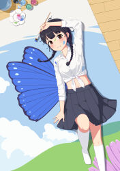  1girl absurdres abwan arm_up black_hair black_skirt blush braid breasts brown_eyes butterfly_wings collared_shirt commentary_request drawn_wings dress_shirt from_above highres holding holding_paintbrush insect_wings kneehighs long_hair long_sleeves looking_at_viewer low_twintails lying midriff navel on_back original paint_splatter paint_splatter_on_face paintbrush pleated_skirt shirt skirt small_breasts smile socks solo tied_shirt twin_braids twintails white_shirt white_socks wings wooden_floor 