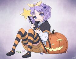 1girl absurdres bow_hairband candy capelet commentary english_commentary food full_body hair_bobbles hair_ornament hairband halloween highres hiiragi_tsukasa holding holding_wand jack-o&#039;-lantern knees_up long_sleeves looking_at_viewer lucky_star mary_janes nakobon open_mouth pumpkin purple_hair shoes short_hair shorts sitting smile solo star_wand striped_clothes striped_thighhighs thigh-highs two_side_up violet_eyes wand wrapped_candy 