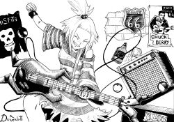  1girl alcohol amplifier artist_name bass_guitar bottle brick_wall cable chuck_berry commentary_request cup dress drinking_glass dugalatti fingernails freckles greyscale hair_bobbles hair_ornament highres holding holding_bass_guitar holding_instrument instrument long_sleeves misfits mixed-language_commentary monochrome music playing_instrument poke_ball pokemon pokemon_bw2 poster_(object) real_life rocks_glass route_66 roxie_(pokemon) rush_(band) sign smile solo spill striped_clothes striped_dress teeth topknot traditional_media v-shaped_eyebrows 