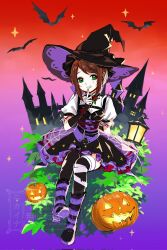  1girl black_dress black_hat boots brown_hair corset dress dress_over_shirt emma_woods flower freckles full_body gradient_background grass green_eyes half_updo halloween_costume hand_up hat highres identity_v jack-o&#039;-lantern kneehighs lantern mansion nikaina_1319 on_grass puffy_sleeves purple_boots purple_corset red_ribbon ribbon rose shirt short_sleeves sidelocks sitting smile socks solo swept_bangs white_shirt witch_hat 