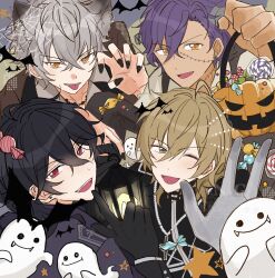 4boys ahoge animal_ears anritti basket bat_(animal) black_gloves black_nails black_shirt brown_shirt candy claw_pose collared_shirt commentary_request cosplay crossed_bangs curtained_hair doodled_object earrings ensemble_stars! fangs food frankenstein's_monster frankenstein's_monster_(cosplay) ghost gloves hair_between_eyes hakaze_kaoru halloween_bucket halloween_costume hand_up highres holding holding_basket holding_lantern jewelry lantern male_focus multiple_boys necklace ogami_koga one_eye_closed open_mouth otogari_adonis priest purple_shirt red_eyes rosary sakuma_rei_(ensemble_stars!) shirt stitched_face stitches tongue tongue_out undead_(ensemble_stars!) vampire_costume werewolf_costume white_gloves white_shirt wolf_ears yellow_eyes 