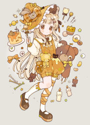  1girl asymmetrical_legwear bib_collar black_bow blonde_hair blush_stickers bone bow bowtie brown_bow brown_bowtie brown_eyes brown_ribbon brown_shoes cake candle candy closed_mouth commentary cupcake diagonal-striped_bow diamond_hair_ornament dot_nose doughnut english_commentary expressionless eyeball food fork full_body gingham grey_background hair_bow hair_bun hair_ribbon halloween hat hat_bow highres holding holding_fork holding_stuffed_toy kneehighs lollipop long_hair long_sleeves looking_at_viewer mary_janes nagihoko orange_bow orange_hat orange_shorts orange_theme original parted_bangs puffy_shorts ribbon shoes shorts single_thighhigh socks solo star_(symbol) striped_bow stuffed_animal stuffed_toy suspenders sweater swept_bangs teddy_bear thigh-highs walking white_socks white_sweater white_thighhighs wrapped_candy 