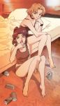  akagi_ritsuko barefoot bed beer duplicate feet highres katsuragi_misato neon_genesis_evangelion sepia yebisu 