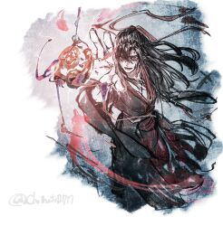  1boy aura black_hair black_hanfu blood blood_on_clothes blood_on_face chenqing_flute chinese_clothes chohato0717 dizi energy faux_traditional_media fighting_stance floating floating_hair floating_object floating_weapon flute flute_tassel hair_down hair_ribbon half_updo hand_up hanfu highres holding holding_flute holding_instrument ink_wash_painting instrument long_hair long_sleeves male_focus modao_zushi official_alternate_hairstyle open_mouth ponytail red_eyes red_ribbon red_sash ribbon robe sash smile solo tassel transverse_flute twitter_username wei_wuxian wei_wuxian_(yiling_laozu) white_background wide_sleeves wind yinhufu_(weapon) 