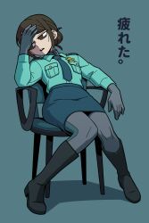  1girl bags_under_eyes bean52623818 blue_background blue_shirt bodysuit bodysuit_under_clothes brown_eyes chair hair_bun hand_on_own_face highres kanzaki_ryouko knees_together_feet_apart long_sleeves looking_to_the_side milky_galactic_universe milky_subway necktie open_mouth pencil_skirt police police_uniform policewoman ponytail shirt simple_background sitting skirt solo 
