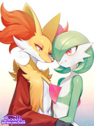  2girls animal_ear_fluff animal_ears animal_nose artist_name bob_cut body_fur chromatic_aberration closed_mouth collarbone colored_skin commentary_request delphox english_commentary eye_contact fang fang_out flat_chest fox_ears fox_girl furry furry_female furry_with_non-furry gardevoir gradient_background green_hair green_skin hair_over_one_eye half-closed_eyes happy highres hug interspecies looking_at_another mixed-language_commentary multicolored_fur multicolored_skin multiple_girls navel one_eye_covered partial_commentary patreon_username pokemon pokemon_(creature) red_eyes red_fur shiny_skin short_hair signature simple_background smile snout standing stomach suahh two-tone_skin upper_body watermark web_address white_background white_fur white_skin yellow_fur yuri 