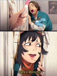  1boy 1girl absurdres anya_(mouthwashing) black_hair breaking broken_door brown_hair here's_johnny!_(meme) highres holding holding_pregnancy_test jimmy_(mouthwashing) khyle. meme mouthwashing parody pregnancy_test scared scene_reference the_shining 