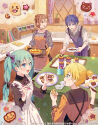 2boys 2girls apron asagao_minoru blonde_hair blue_eyes blue_hair book bow braid brown_eyes brown_hair cake candy choker collared_dress commentary_request cookbook cookie counter criss-cross_suspenders cupcake dress food hair_bow hair_ornament halloween hatsune_miku heart heart_hair_ornament highres holding holding_food indoors jar kagamine_len kaito_(vocaloid) kitchen long_hair long_sleeves looking_at_another looking_to_the_side meiko_(vocaloid) multiple_boys multiple_girls multiple_hair_bows nail_polish open_book open_mouth oven_mitts plate ponytail short_hair short_ponytail sink sleeves_rolled_up smile sweater_vest tray twin_braids very_long_hair vocaloid window wrapped_candy 