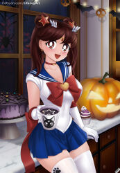  1girl :d absurdres arm_support artist_name back_bow bat_(animal) bat_ornament bishoujo_senshi_sailor_moon blue_sailor_collar blue_skirt bow breasts bright_pupils brooch brown_eyes brown_hair cake chest_bow choker circlet collarbone commentary cosplay counter cowboy_shot crescent_choker cup cupboard cupcake decorations double_bun drink earrings elbow_gloves english_commentary food gloves gold_circlet hair_bun hair_ornament halloween heart heart_brooch highres holding holding_cup indoors jack-o&#039;-lantern jewelry kitchen large_breasts leotard lifejoyart looking_at_viewer luna_(sailor_moon) magical_girl medium_hair miniskirt moon mug night open_mouth original patreon_username pleated_skirt print_cup pumpkin red_bow red_choker sailor_collar sailor_moon sailor_moon_(cosplay) sailor_senshi_uniform short_sleeves sitting skirt skull skull_ornament smile solo star_(symbol) star_earrings star_hair_ornament string_lights thigh-highs twintails white_gloves white_leotard white_pupils white_thighhighs window zettai_ryouiki 