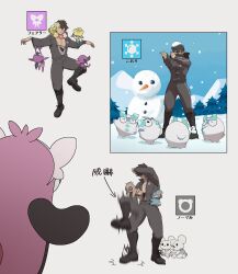  1boy balancing bewear comfey commentary_request crossover cyp1a2 doudanuki_masakuni floette floette_(yellow_flower) galarian_darumaka grey_jumpsuit hanging_on_arm highres impidimp jumpsuit komala male_focus multiple_views pokemon slakoth snow_on_head snowing snowman standing standing_on_one_leg stomping touken_ranbu translation_request 
