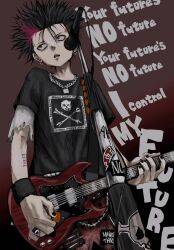  1boy asymmetrical_sleeves band_shirt black_eyes black_hair black_nails black_shirt chain chain_necklace cum cum_on_body earrings electric_guitar english_text face_piercing gradient_background guitar highres instrument jewelry labret_piercing layered_sleeves lock_necklace looking_up male_focus merchandise microphone microphone_stand minor_threat multicolored_hair necklace nu_punxxxz open_mouth original pants piercing plaid_clothes plaid_pants plectrum print_shirt rancid_(band) red_hair shirt skull_and_crossbones skull_ring solo spiky_hair sticker streaked_hair torn_clothes torn_sleeves two-tone_hair wallet_chain wristband 