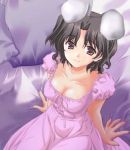  animal_ears bed black_hair breasts brown_eyes bunny_ears cleavage inaba_tewi jpeg_artifacts lowres photoshop rabbit_ears short_hair to_heart_2 touhou yuzuhara_haruka 