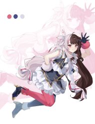  1girl :q ahoge ankle_boots arm_up benichaaa blue_boots blue_gloves blue_shirt blue_skirt blue_thighhighs blush boots bow bracelet bright_pupils brown_hair closed_mouth color_guide commentary_request fold-over_boots frilled_skirt frills full_body fur_bracelet gloves gold_trim hair_bow hand_on_own_hip high-waist_skirt high_heel_boots high_heels highres idol_clothes jewelry layered_shirt layered_skirt long_hair long_sidelocks looking_at_viewer low-tied_long_hair low-tied_sidelocks miniskirt mismatched_boots mismatched_thighhighs multicolored_hair nijisanji nijisanji_idol_uniform pink_eyes pink_hair pink_thighhighs shirt sidelocks skirt sleeveless sleeveless_shirt solo split-color_hair streaked_hair thigh-highs tongue tongue_out twintails very_long_hair virtual_youtuber white_background white_bow white_hair white_pupils white_shirt white_skirt yorumi_rena zoom_layer 