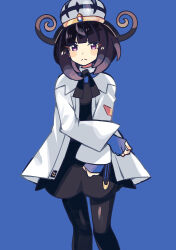  1girl anidler91 black_dress black_hair black_pantyhose blue_background blue_gloves blunt_bangs bob_cut closed_mouth coat cowboy_shot dress frown gloves gradient_hair gwynn_(pokemon) hat highres long_sleeves looking_at_viewer multicolored_hair open_clothes open_coat pantyhose partially_fingerless_gloves pokemon pokemon_legends:_z-a purple_hair short_hair solo white_coat 