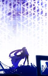  1girl abstract arrow_print black_coat black_hair blurry blurry_foreground boots coat debris depth_of_field faceless full_body graveweaver highres i&#039;m_the_grim_reaper light_particles limited_palette looking_up official_art power_lines red_scarf scarf scarlet_(i&#039;m_the_grim_reaper) short_hair solo standing utility_pole wind wind_lift 