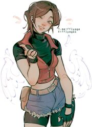  1girl angel_wings artist_name belt bike_shorts bike_shorts_under_shorts black_gloves black_shirt black_shorts breasts brown_belt brown_eyes claire_redfield cowboy_shot cropped_vest denim denim_shorts falling_feathers feathers fflyaga1 fingerless_gloves gloves highres medium_breasts midriff one_eye_closed parted_bangs parted_lips ponytail red_vest resident_evil resident_evil_-_code:_veronica shirt short_sleeves shorts smile solo twitter_username vest white_background wings 